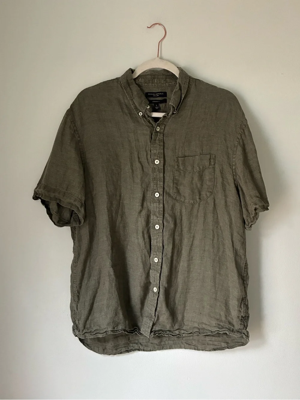 Banana Republic Linen Short Sleeve Shirt Standard Fit Olive Green